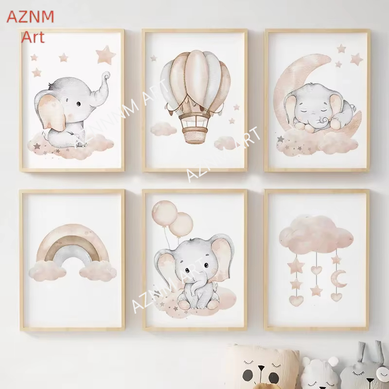 Baby Nursery Fabric - Poster con elefante, palloncino, arcobaleno, luna,