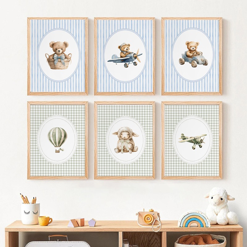 Baby Nursery Green - Poster Vintage con Mongolfiera, Pecora, Mucca,