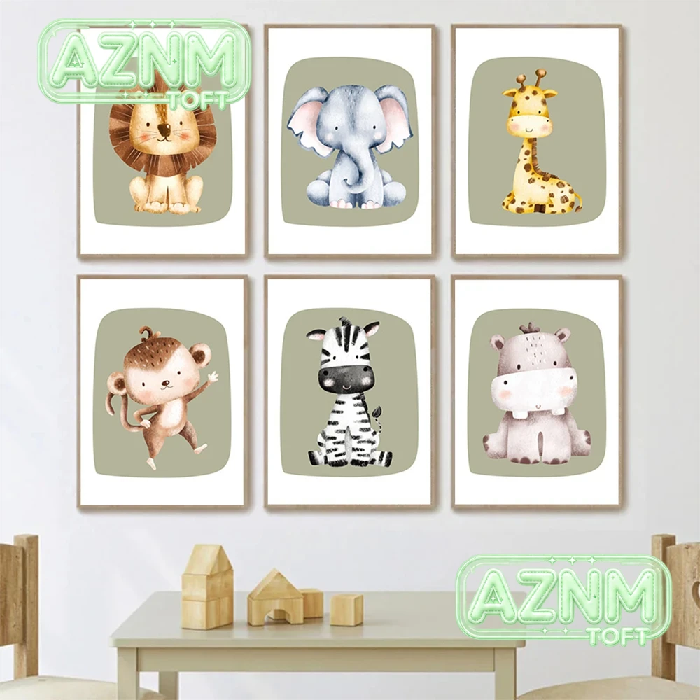 Baby Nursery Green - Stampa su tela con simpatiche scimmie,